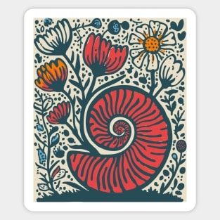 Cottagecore Snail Shell Garden - Botanical Linocut Sticker
